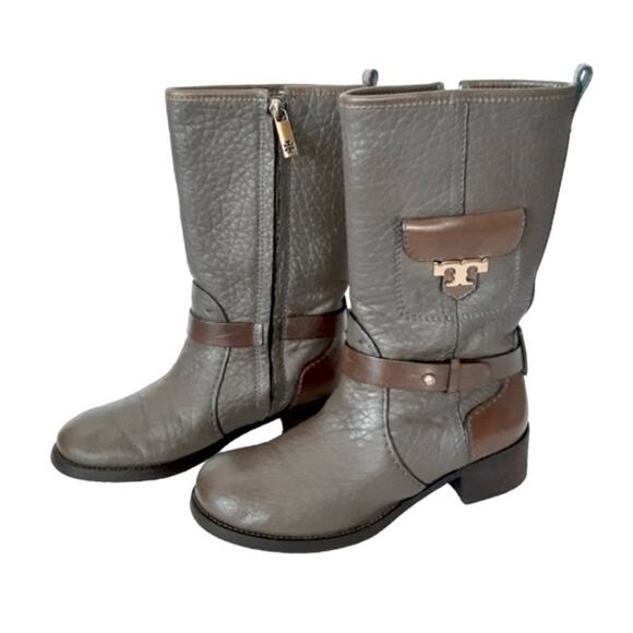Tory Burch Leona Riding Boots Gray Pebble Leather Mid Calf Womens 5.5 Authentic - Picture 1 of 16